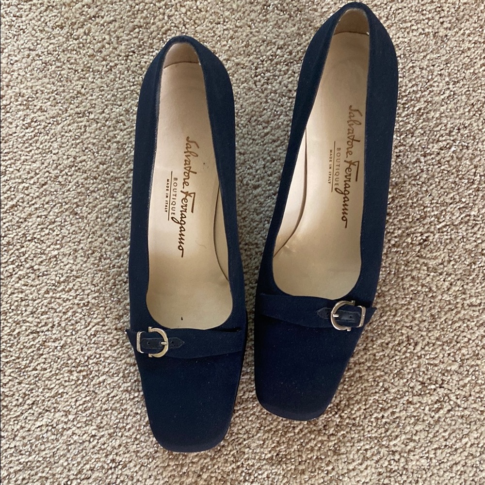 Salvatore Ferragamo Blue Suede Heels with Square Toe